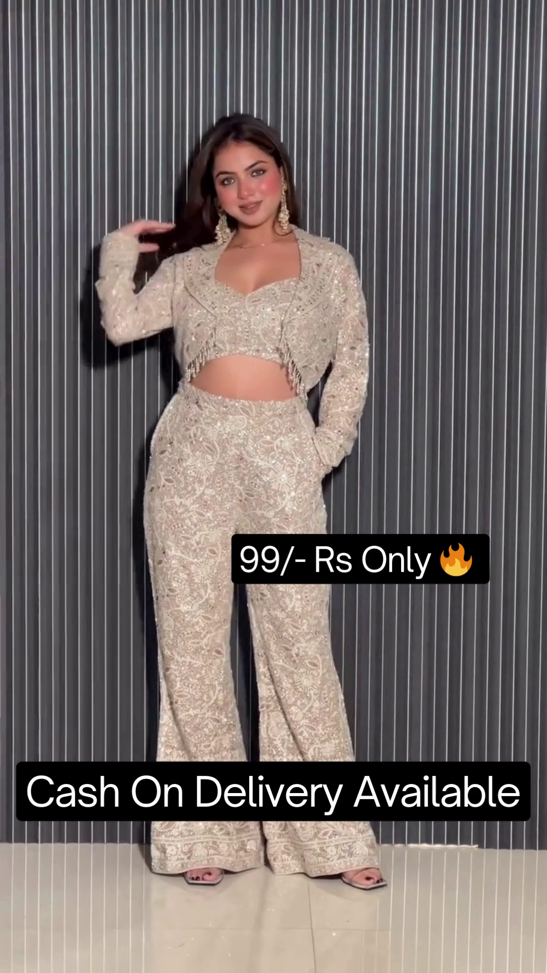 Embroidered Pure Silk Crop Top & Bell Bottom Trouser