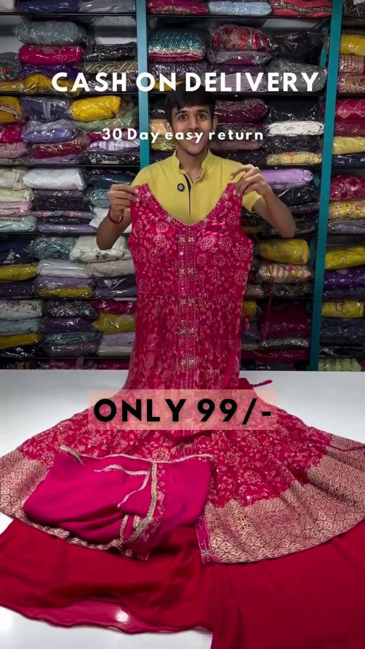 Clover Candy Pink Embroidered Kurti with Sharara and Organza Dupatta (Set of 3)