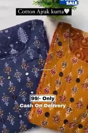 Fancy Designer Women Blue & Yellow Printed Hakoba Kurta