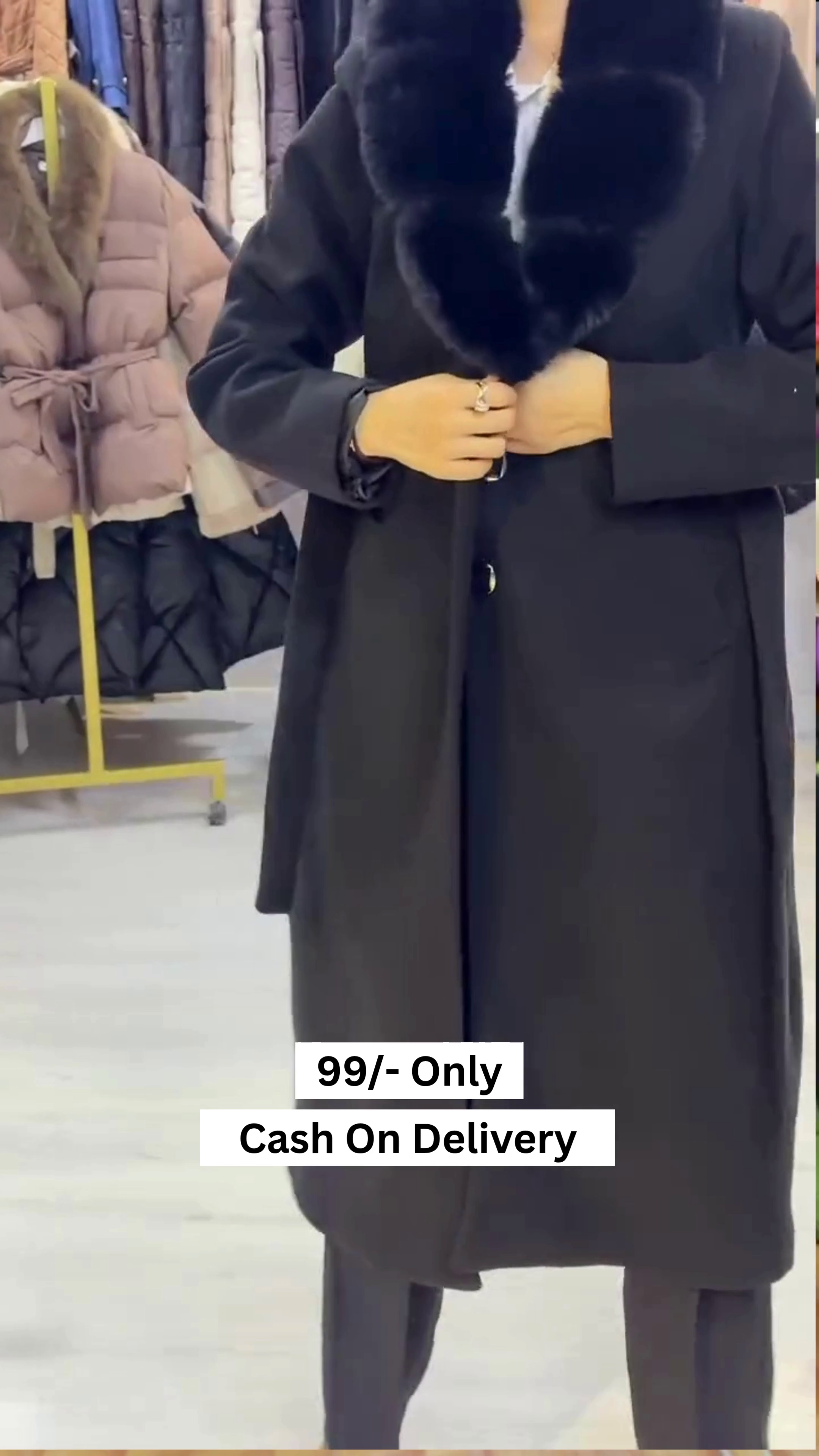 Women Black Solid Double Breasted Fur Collar Coat - Image 5