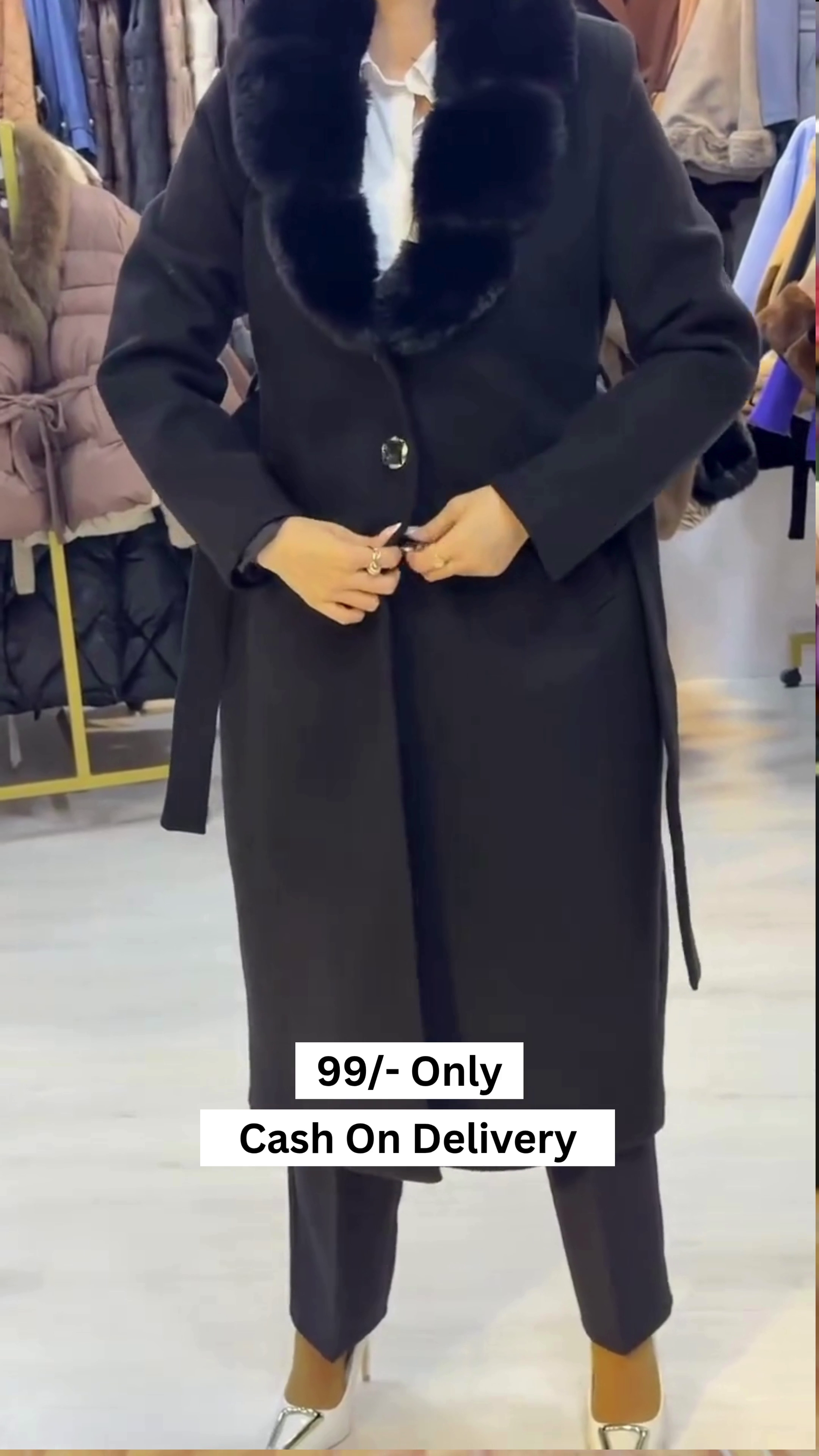 Women Black Solid Double Breasted Fur Collar Coat