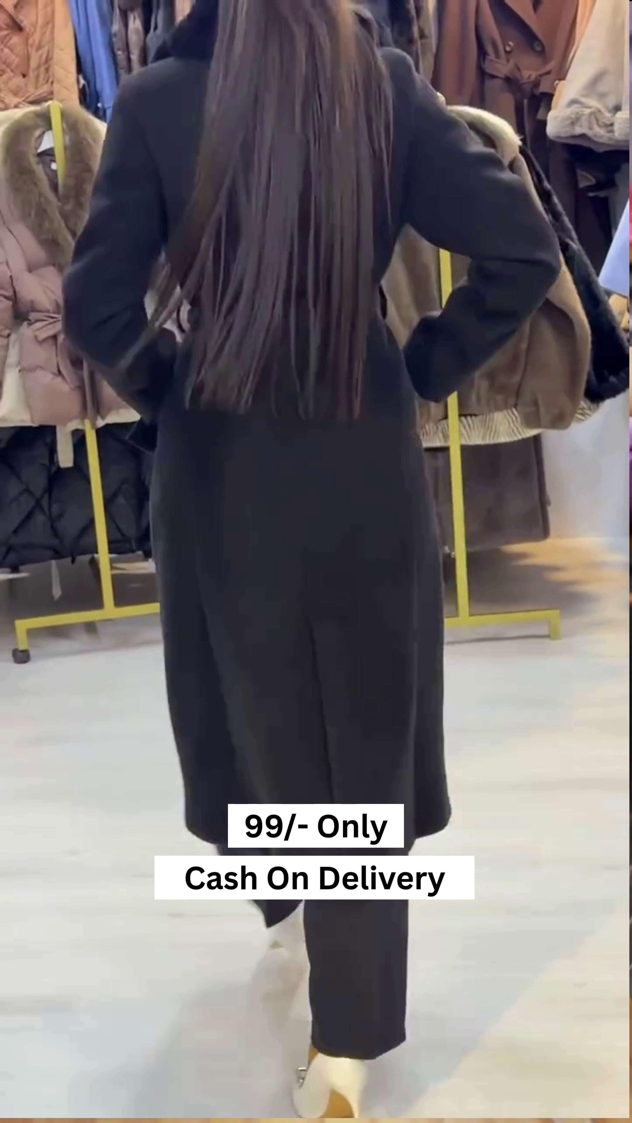 Women Black Solid Double Breasted Fur Collar Coat - Image 3