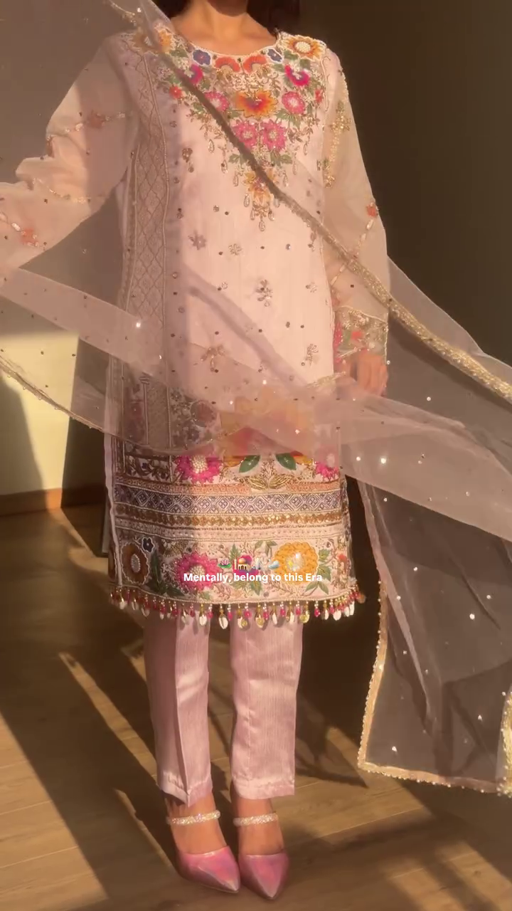Floral Embroidered V-Neck Mirror Work Straight Kurta With Palazzos & Dupatta - Image 13